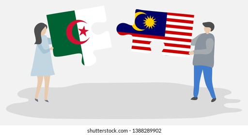 Couple holding two puzzles pieces with Algerian and Malaysian flags. Algeria and Malaysia national symbols together.