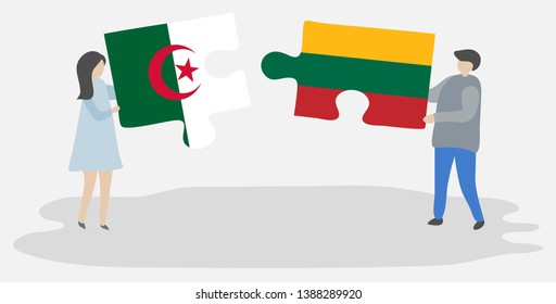 Couple holding two puzzles pieces with Algerian and Lithuanian flags. Algeria and Lithuania national symbols together.