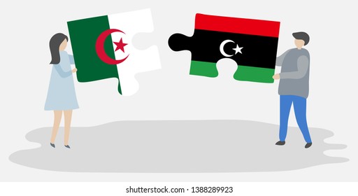 Couple holding two puzzles pieces with Algerian and Libyan flags. Algeria and Libya national symbols together.