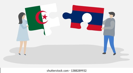 Couple holding two puzzles pieces with Algerian and Lao flags. Algeria and Laos national symbols together.