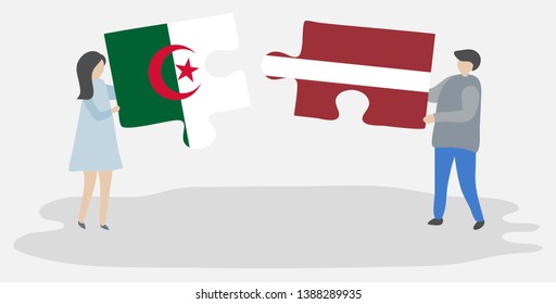 Couple holding two puzzles pieces with Algerian and Latvian flags. Algeria and Latvia national symbols together.