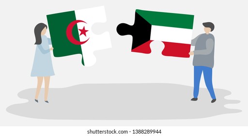 Couple holding two puzzles pieces with Algerian and Kuwaiti flags. Algeria and Kuwait national symbols together.