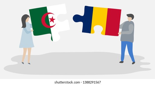 Couple holding two puzzles pieces with Algerian and Chadian flags. Algeria and Chad national symbols together.