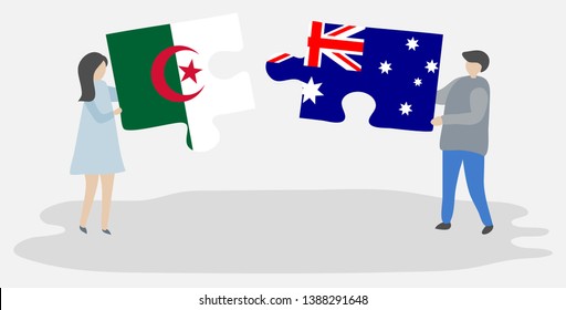 Couple holding two puzzles pieces with Algerian and Australian flags. Algeria and Australia national symbols together.