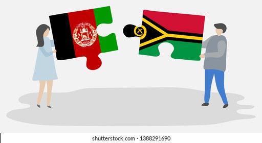 Couple holding two puzzles pieces with Afghan and Vanuatuan flags. Afghanistan and Vanuatu national symbols together.