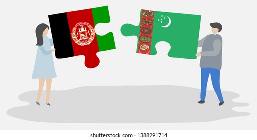 Couple holding two puzzles pieces with Afghan and Turkmen flags. Afghanistan and Turkmenistan national symbols together.