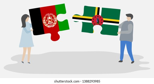 Couple holding two puzzles pieces with Afghan and Dominican flags. Afghanistan and Dominica national symbols together.