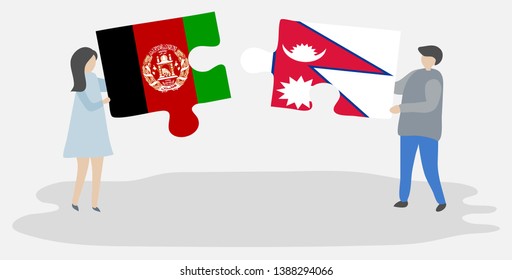 Couple holding two puzzles pieces with Afghan and Nepalese flags. Afghanistan and Nepal national symbols together.