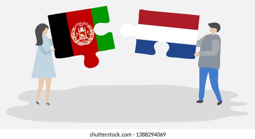 Couple holding two puzzles pieces with Afghan and Dutch flags. Afghanistan and Netherlands national symbols together.