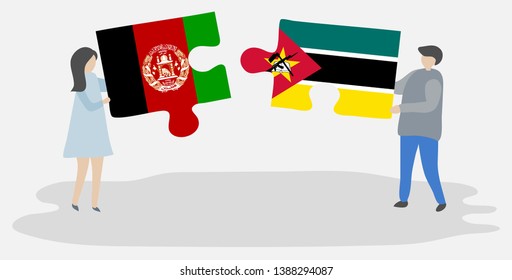 Couple holding two puzzles pieces with Afghan and Mozambican flags. Afghanistan and Mozambique national symbols together.