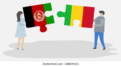 Couple holding two puzzles pieces with Afghan and Malian flags. Afghanistan and Mali national symbols together.