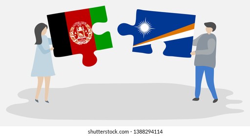 Couple holding two puzzles pieces with Afghan and Marshallese flags. Afghanistan and Marshall Islands national symbols together.