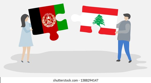 Couple holding two puzzles pieces with Afghan and Lebanese flags. Afghanistan and Lebanon national symbols together.
