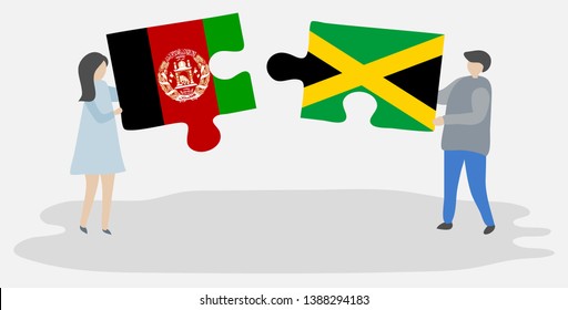 Couple holding two puzzles pieces with Afghan and Jamaican flags. Afghanistan and Jamaica national symbols together.