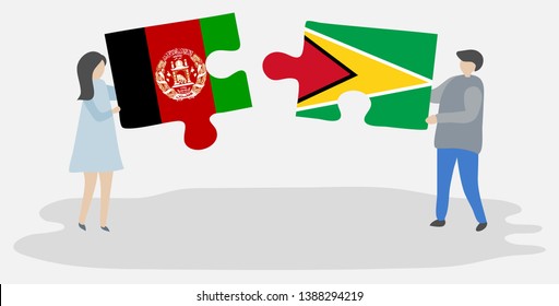Couple holding two puzzles pieces with Afghan and Guyanese flags. Afghanistan and Guyana national symbols together.