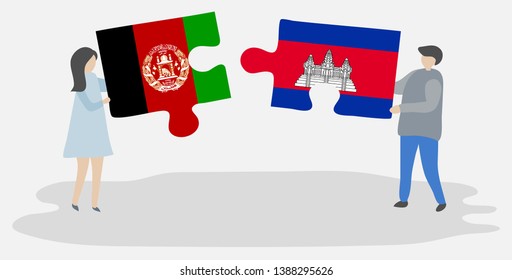 Couple holding two puzzles pieces with Afghan and Cambodian flags. Afghanistan and Cambodia national symbols together.