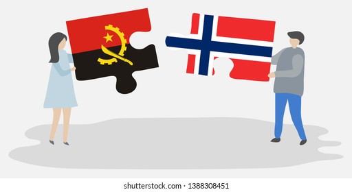 Couple holding two puzzles pieces with Angolan and Norwegian flags. Angola and Norway national symbols together.