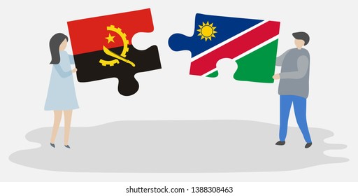 Couple holding two puzzles pieces with Angolan and Namibian flags. Angola and Namibia national symbols together.
