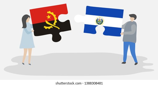 Couple holding two puzzles pieces with Angolan and Salvadoran flags. Angola and El Salvador national symbols together.