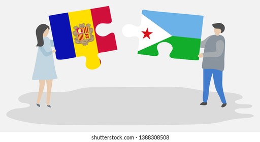 Couple holding two puzzles pieces with Andorran and Djiboutian flags. Andorra and Djibouti national symbols together.