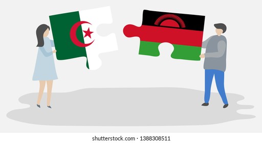 Couple holding two puzzles pieces with Algerian and Malawian flags. Algeria and Malawi national symbols together.