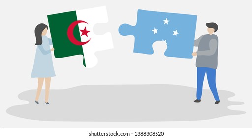 Couple holding two puzzles pieces with Algerian and Micronesian flags. Algeria and Micronesia national symbols together.