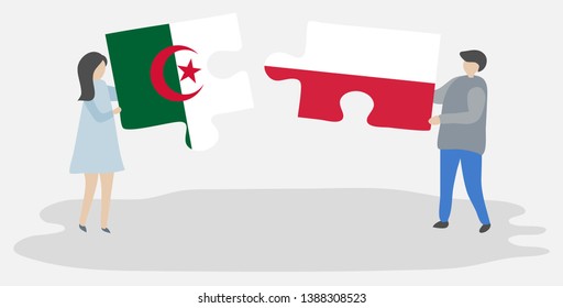 Couple holding two puzzles pieces with Algerian and Polish flags. Algeria and Poland national symbols together.