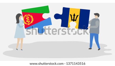 Couple holding two puzzles pieces with Eritrean and Barbadian flags. Eritrea and Barbados national symbols together.