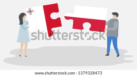Couple holding two puzzles pieces with Maltese and Polish flags. Malta and Poland national symbols together.