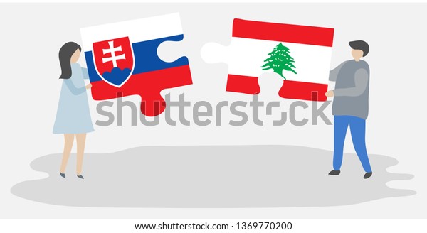 Couple Holding Two Puzzles Pieces Slovak Stock Vector Royalty Free 1369770200