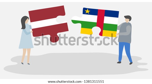 Couple holding two puzzles pieces with Latvian\
and Central African flags. Latvia and Central African Republic\
national symbols\
together.