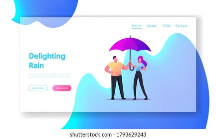 Couple Holding Umbrella Walking in Rainy Weather Landing Page Template. Speaking, Enjoying Relations, Love. Pair Characters Spend Time on Nature, Relaxing Outdoors. Cartoon People Vector Illustration