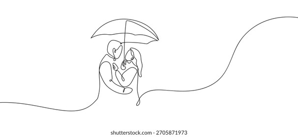 Couple holding umbrellas in one continuous line one line vector illustration.