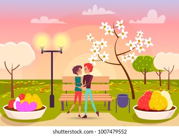 Couple holds each other hands and looks eyes to eyes near streetlight and wooden bench, between flower beds vector illustration.