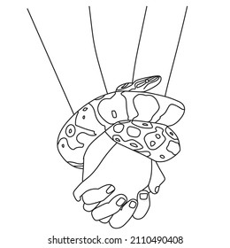 The Couple Holds Hands In The Arms Of A Snake. Man And Woman Holding Hands. Snake. Line Art