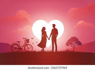 A couple holds hands in front of a glowing heart-shaped sun. The scene includes a bicycle, butterflies, birds, pink clouds, and a tree in the serene pink-orange landscape.