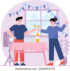Couple Holiday Celebrations Together Illustration