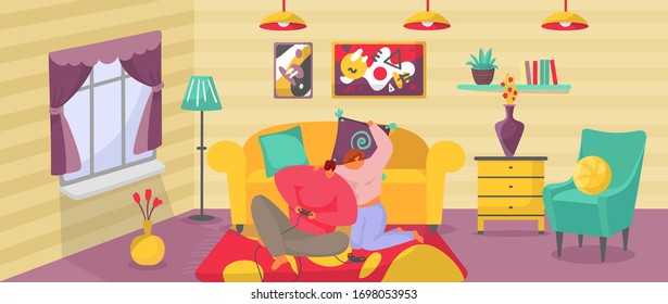 Couple home activity vector illustration. Cartoon flat active man woman characters have fun together, playing video games in cozy apartment living room interior. People in relaxing vacation weekend