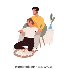 Couple at home birth, labor. Pregnant woman and partners support during baby delivery. Husband helping in natural childbirth. Labour preparation. Flat vector illustration isolated on white background.