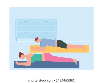 Couple at home doing yoga together, exercising and relaxing the body. Character design. Vector flat illustration