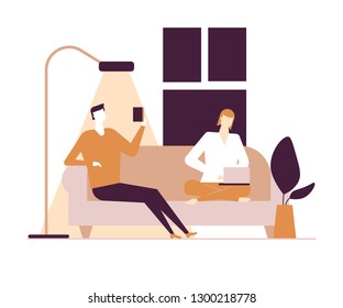 Couple at home - flat design style colorful illustration on white background. A composition with characters, wife, husband sitting on sofa. Woman at the laptop, man with smartphone in the living room