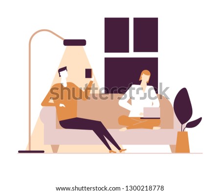 Couple at home - flat design style colorful illustration on white background. A composition with characters, wife, husband sitting on sofa. Woman at the laptop, man with smartphone in the living room