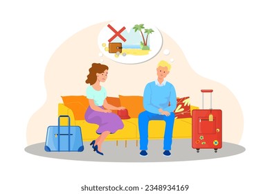Couple at home with no money for traveling vector illustration. Cartoon drawing of sad man and woman sitting on sofa thinking of vacation, financial crisis. Traveling, tourism, inflation concept