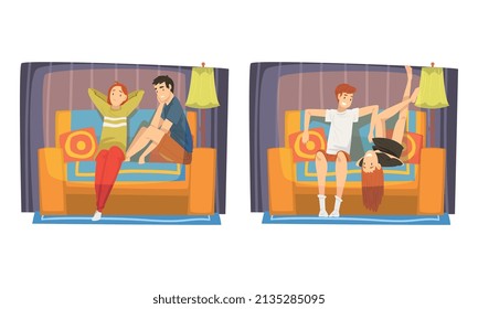 Paar zu Hause auf Sofa sitzen und Film zusammen sehen Vektorset