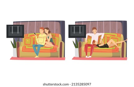 Couple at Home Sitting on Sofa and Watching Movie Together Vector Set