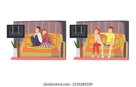 Couple at Home Sitting on Sofa and Watching Movie Together Vector Set