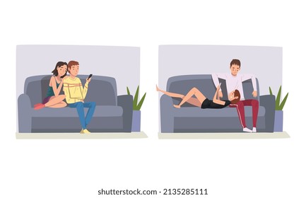 Couple at Home Sitting on Sofa and Watching Movie Together Vector Set