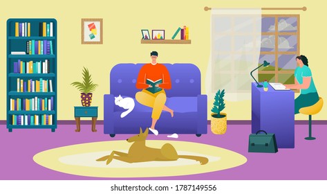 Couple at home together, man woman people with laptop vector illustration. Flat male female at cartoon room, young happy family at couch. house interior design, person sit with computer.