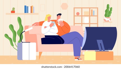 Couple at home together. People relax in apartment on sofa, boy hugging girl. Woman man drink tea in living room and watch tv utter vector scene