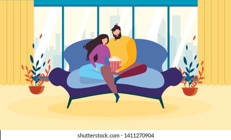 Couple at Home Watching Movie and Eating Popcorn Vector Illustration. Domestic Relax Evening Indoors. Living Room Interior. Man and Woman on Sofa, Love Relationship, Leisure Series Tv Television